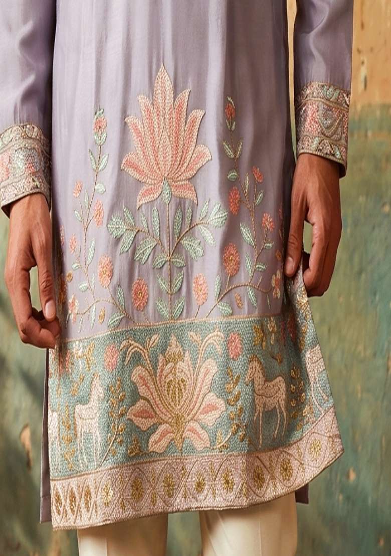 Light Purple Embroidery Silk Kurta Set For Men - Indya