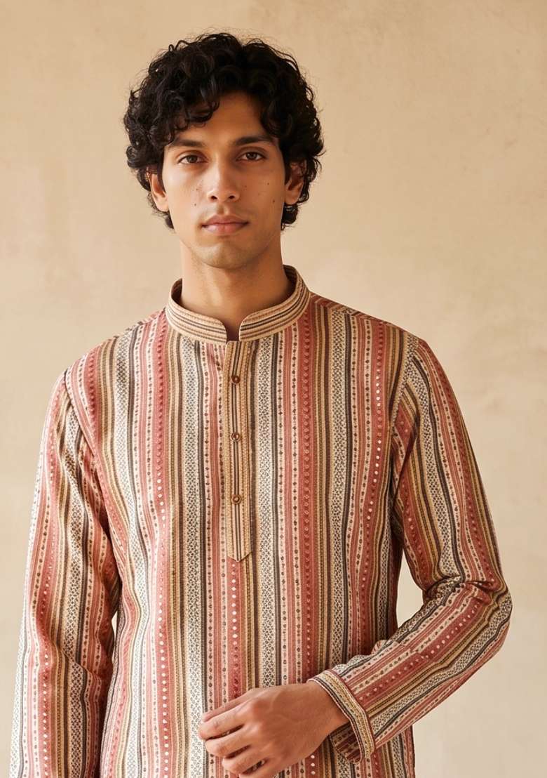 Multicolor Embroidery Silk Kurta Set For Men - Indya