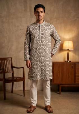Dark Grey Embroidery Silk Kurta Set For Men