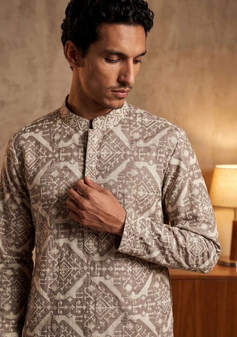 Dark Grey Embroidery Silk Kurta Set For Men - Indya