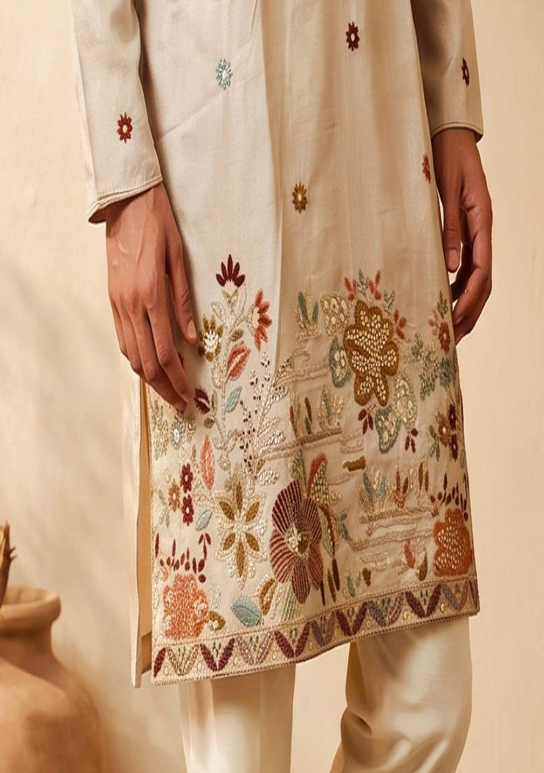 Cream Embroidery Silk Kurta Set For Men - Indya