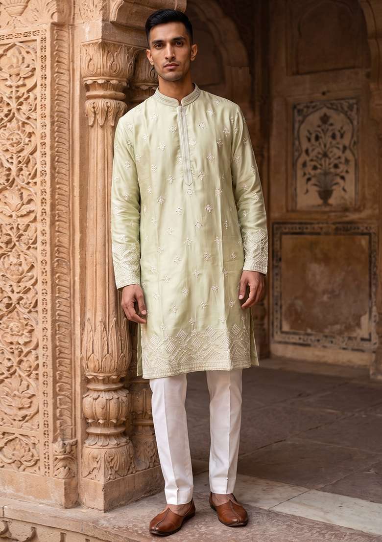 Pista Green Embroidery Silk Kurta Set For Men - Indya