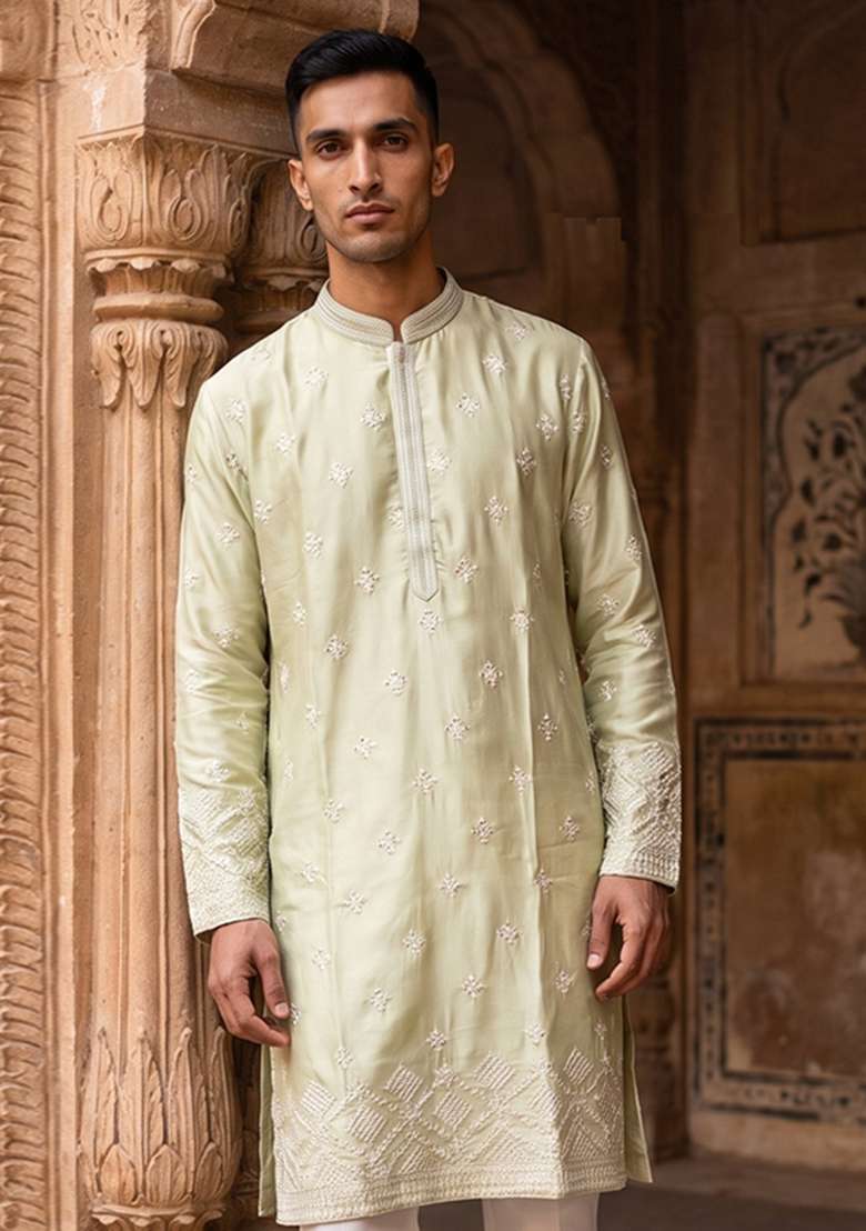 Pista Green Embroidery Silk Kurta Set For Men - Indya