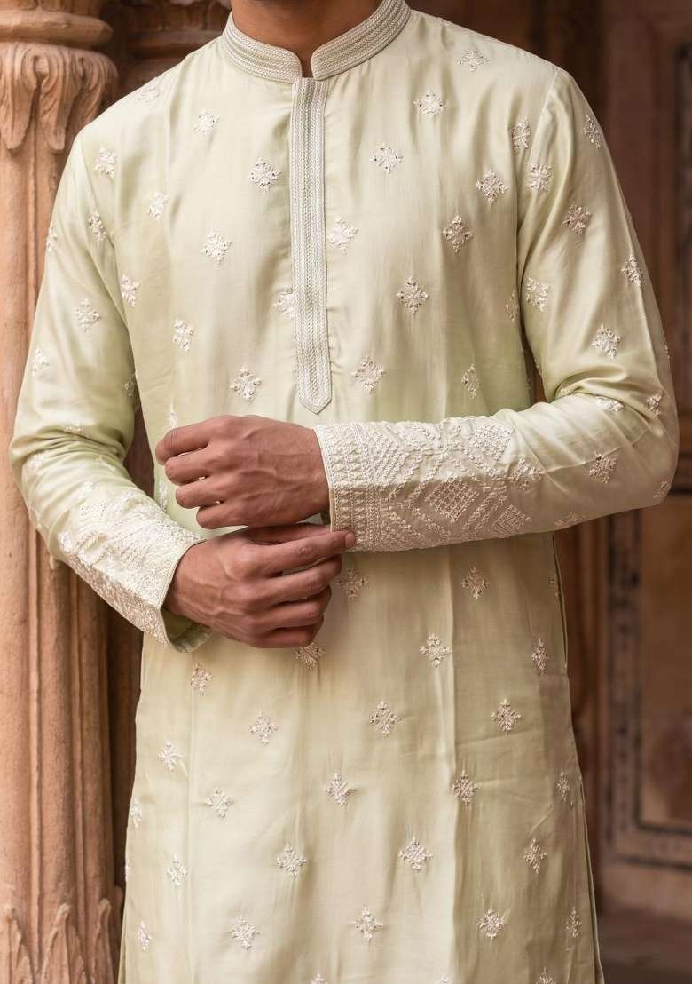 Pista Green Embroidery Silk Kurta Set For Men - Indya