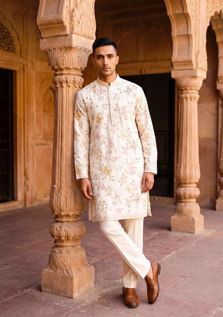 White Embroidery Linen Kurta Set For Men - Indya