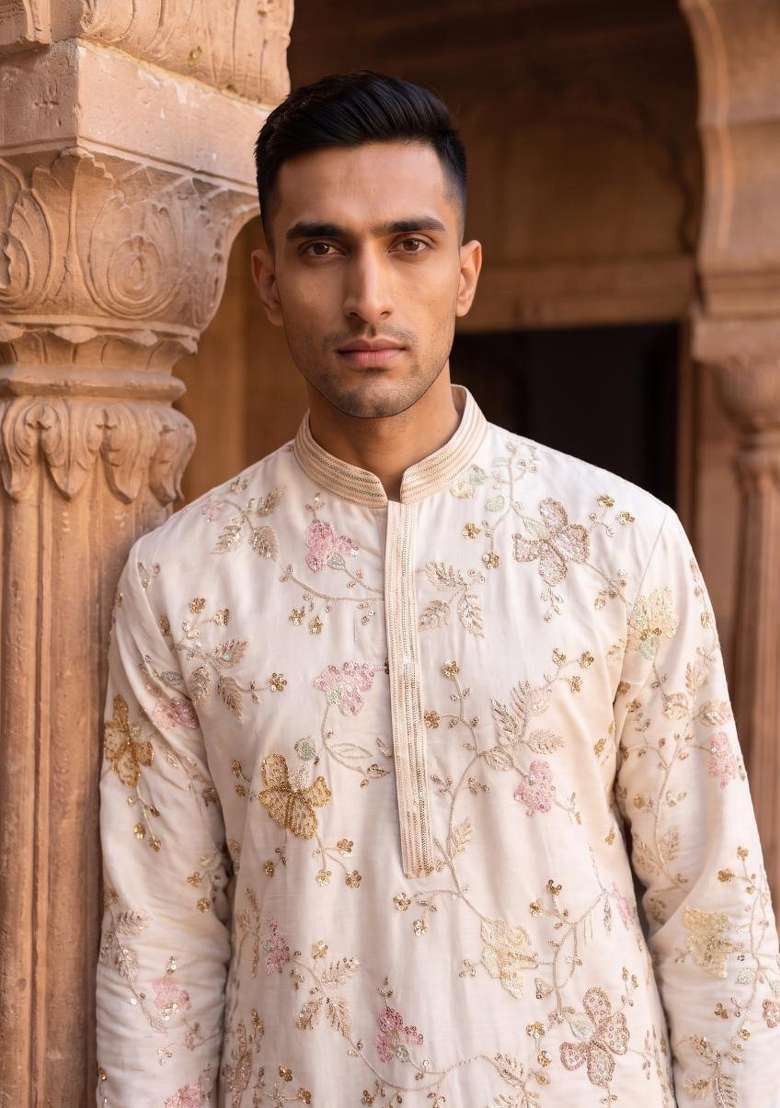 White Embroidery Linen Kurta Set For Men - Indya