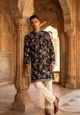 Black Embroidery Linen Kurta Set For Men