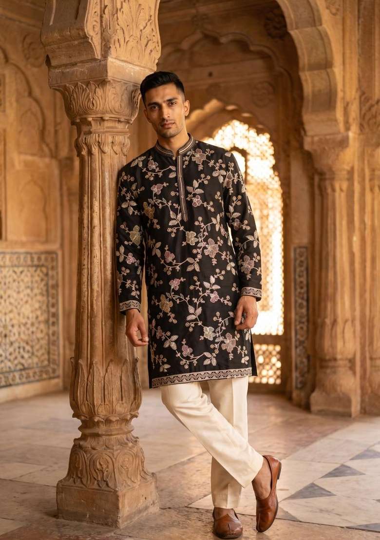 Black Embroidery Linen Kurta Set For Men - Indya