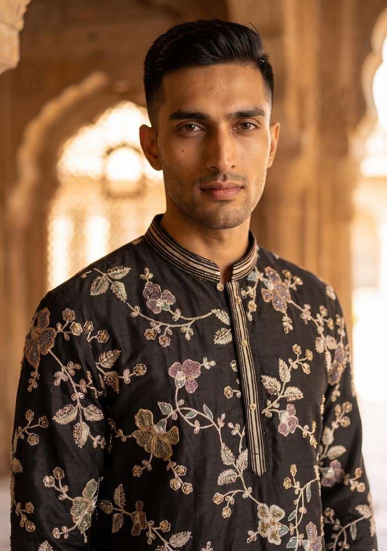 Black Embroidery Linen Kurta Set For Men - Indya