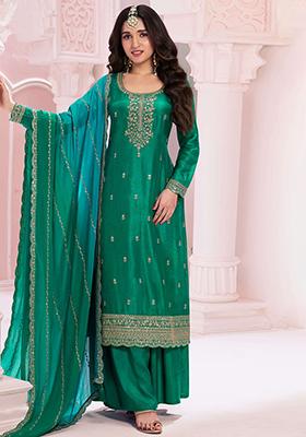 Pine Green Zari Sequin Embroidered Vichitra Kurta Set