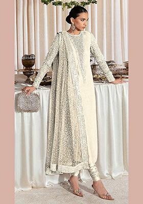 Cream Embroidered Faux Georgette Kurta Set