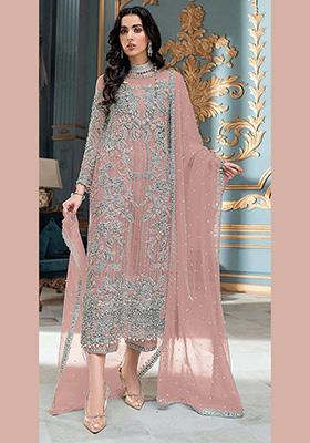 Peach Embroidered Organza Kurta Set