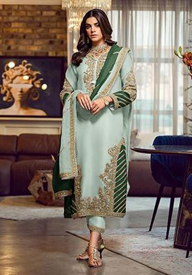 Light Green Embroidered Faux Georgette Kurta Set