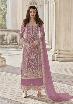 Deep Pink Stone Work Embroidered Net Kurta Set