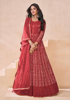 Red Embroidered Faux Georgette Kurta Set