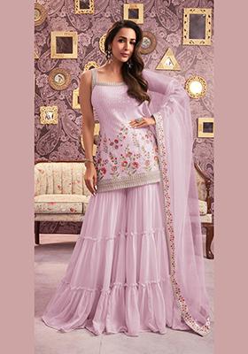 Pink Zari Sequin Embroidered Georgette Kurta Set