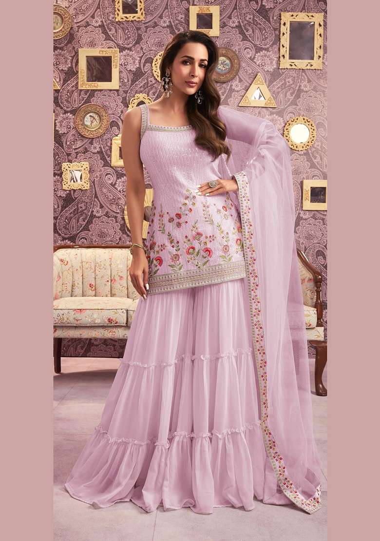 Pink Zari Sequin Embroidered Georgette Kurta Set - Indya