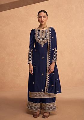 Royal Blue Sequin Embroidered Georgette Palazzo Set
