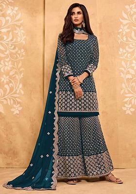 Teal Blue Embroidered Georgette Kurta Set