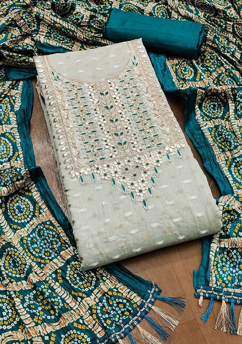 Grey Embroidered Blended Straight Kurta Set - Indya
