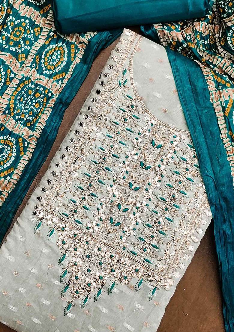 Grey Embroidered Blended Straight Kurta Set - Indya