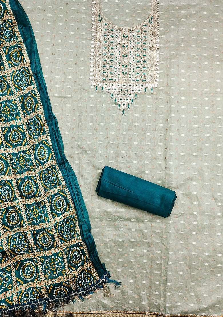 Grey Embroidered Blended Straight Kurta Set - Indya