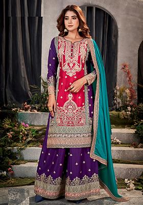 Pink And Purple Zari Sequin Embroidered Chinon Silk Kurta Set