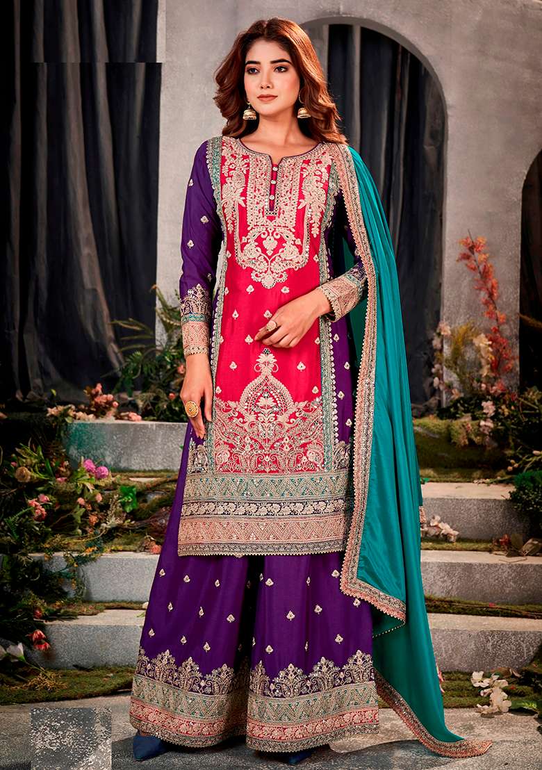 Pink And Purple Zari Sequin Embroidered Chinon Silk Kurta Set - Indya