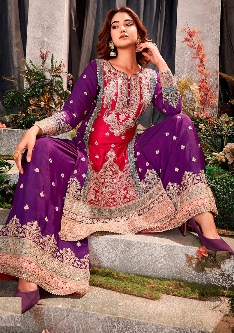 Pink And Purple Zari Sequin Embroidered Chinon Silk Kurta Set - Indya