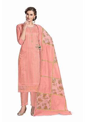 Pink Embellished Poly Blend Kurta Set