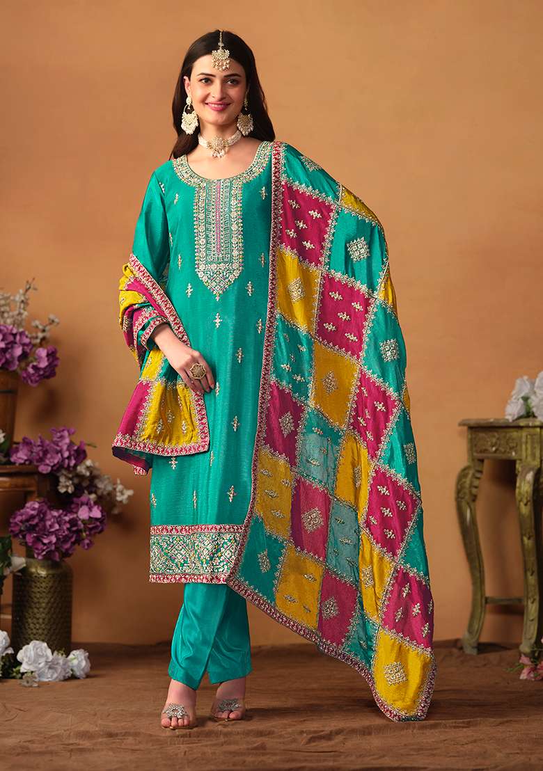 Sea Green Embroidered Silk Pakistani Suit Set - Indya