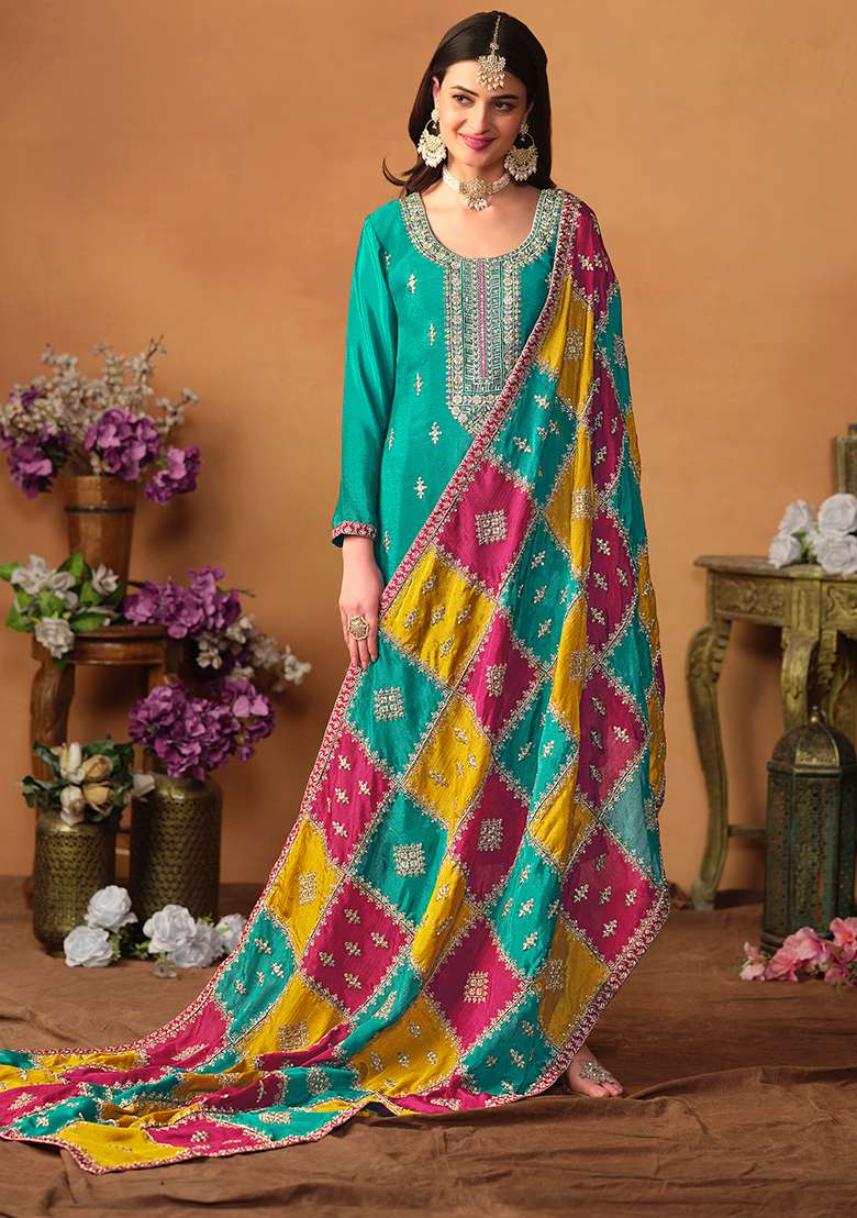 Sea Green Embroidered Silk Pakistani Suit Set - Indya