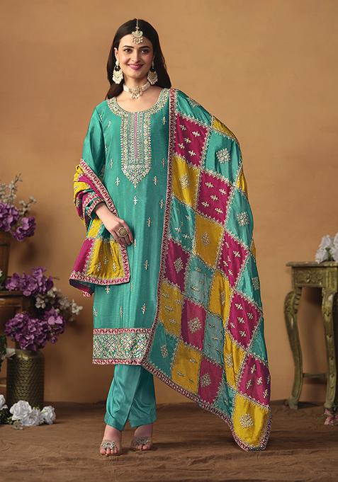 Sea Green Embroidered Silk Pakistani Suit Set