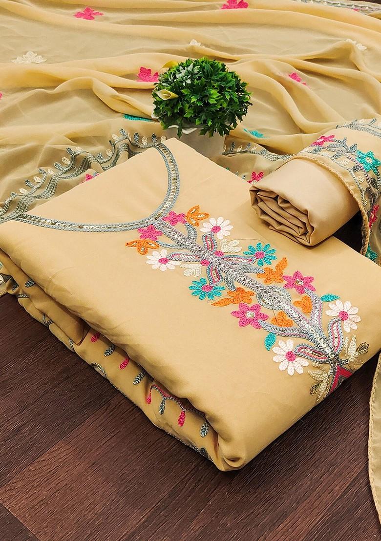 Beige Embroidered Poly Blend Kurta Set - Indya
