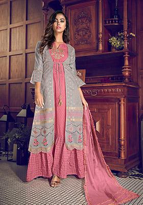 Grey Resham Embroidered Art Silk Kurta Set