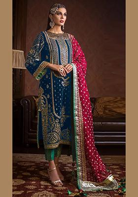 Blue Embroidered Velvet Kurta Set