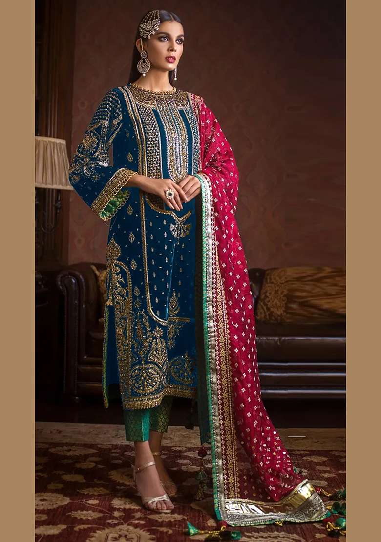 Blue Embroidered Velvet Kurta Set - Indya