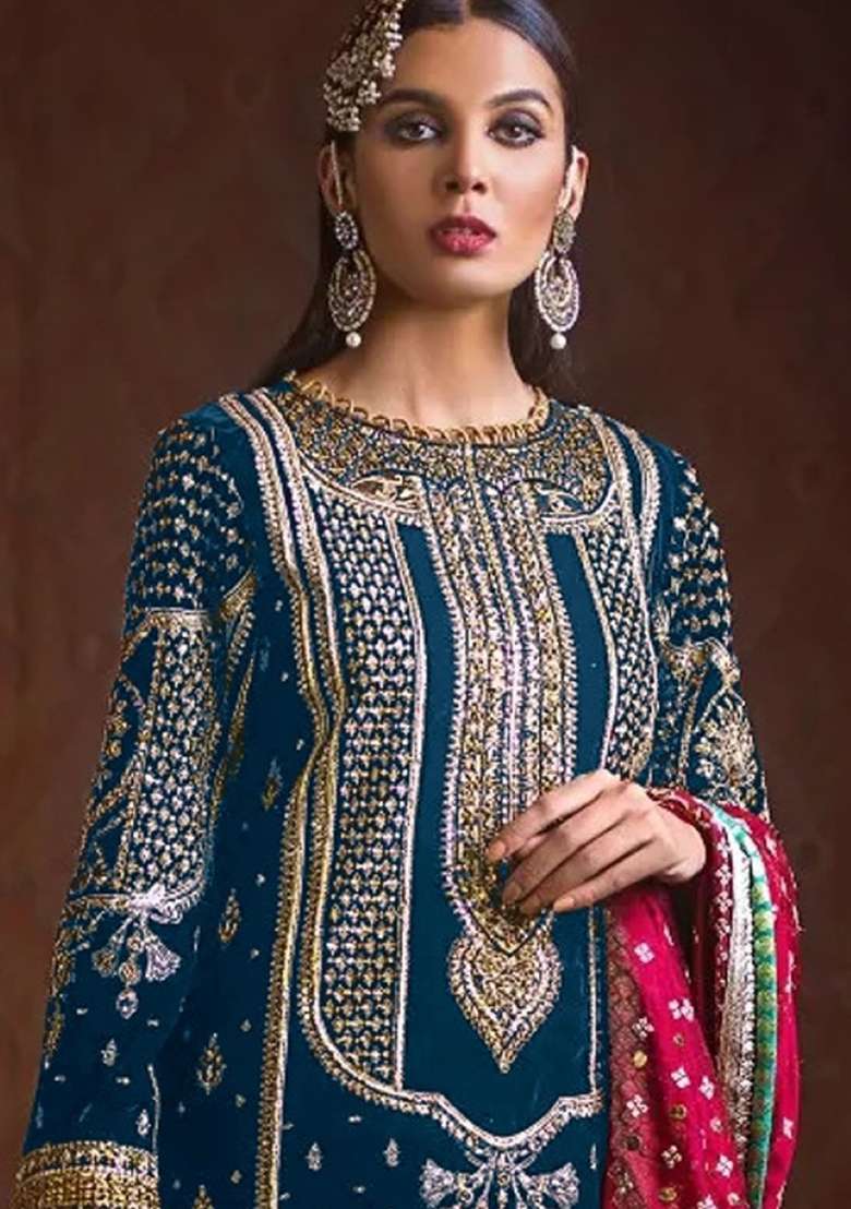 Blue Embroidered Velvet Kurta Set - Indya