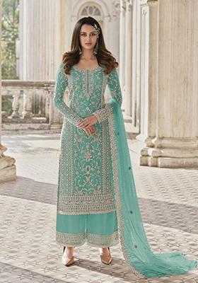 Teal Green Stone Work Embroidered Net Kurta Set