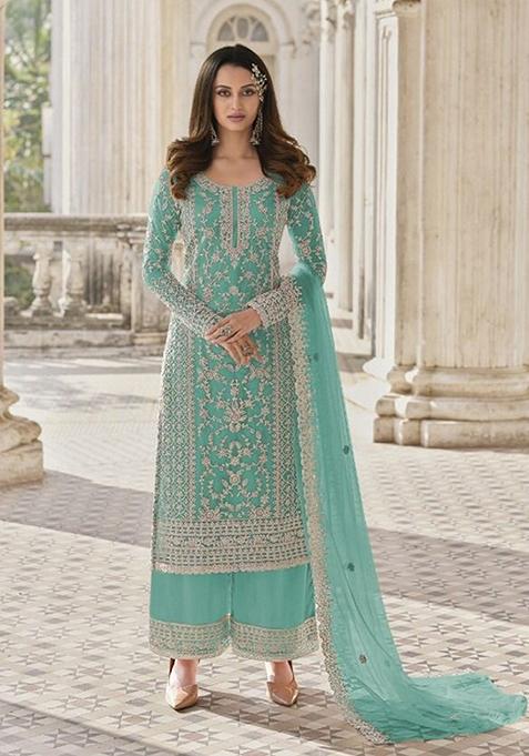 Teal Green Embroidered Net Pakistani Suit Set
