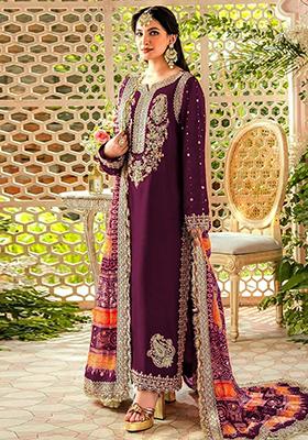 Dark Purple Embroidered Faux Georgette Kurta Set