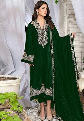 Green Embroidered Velvet Kurta Set