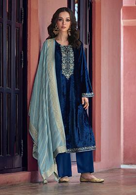 Blue Zari Sequin Embroidered Velvet Kurta Set