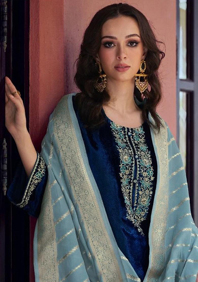 Blue Zari Sequin Embroidered Velvet Kurta Set