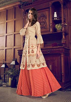 Cream Resham Embroidered Art Silk Kurta Set