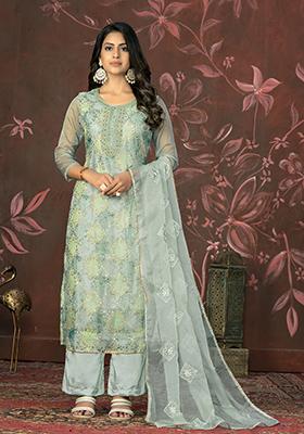 Grey Embroidered Organza Kurta Set