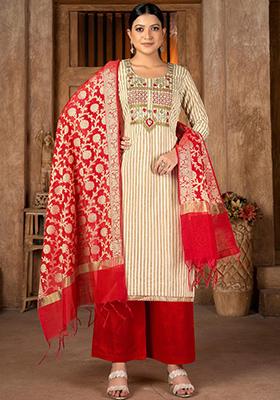Beige Striped Print Poly Blend Kurta Set