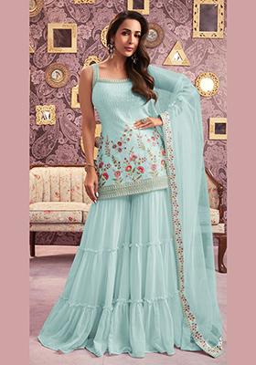 Sky Blue Zari Sequin Embroidered Georgette Kurta Set