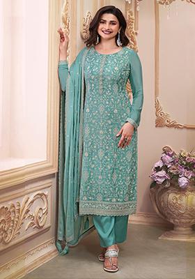 Sky Blue Zari Sequin Embroidered Chinon Silk Kurta Set