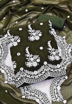 Olive Green Embroidered Silk Georgette Kurta Set